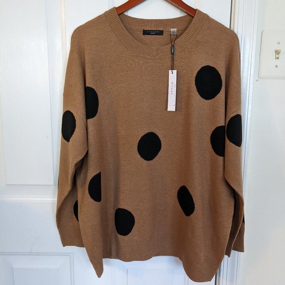 T Tahari Crew Neck Sweater Plus Size, Camel/Black Dot, 1X - Picture 2 of 5